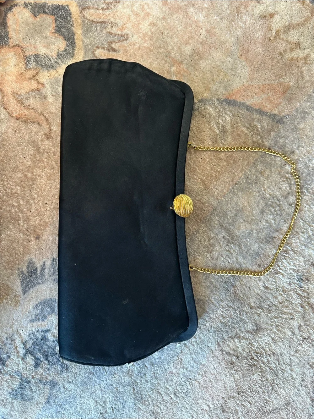 Black Evening Clutch with Gold Chain and Beaded Clasp